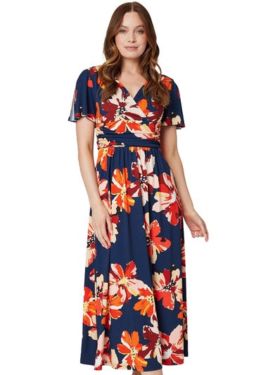 Izabel London Red Floral Ruched Waist Maxi Dress