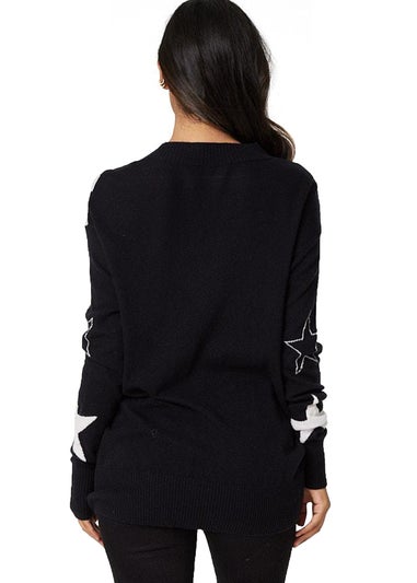 Izabel London Black Star Print Relaxed Fit Knit Top