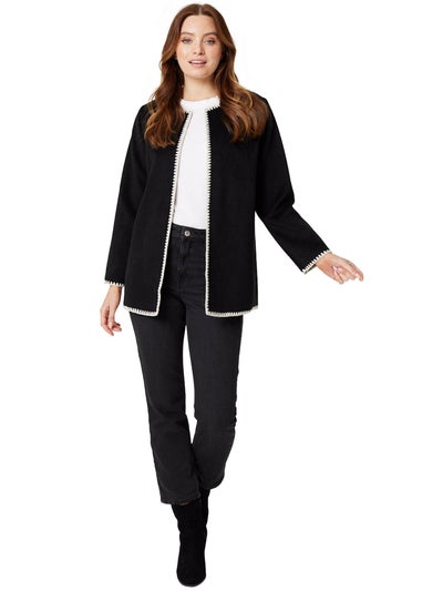 Izabel London Black Blanket Stitch Open Front Coat