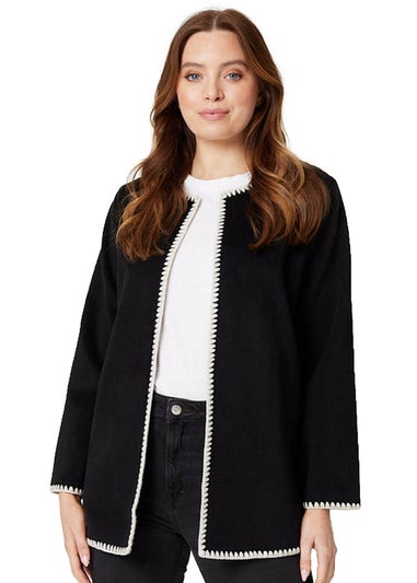 Izabel London Black Blanket Stitch Open Front Coat