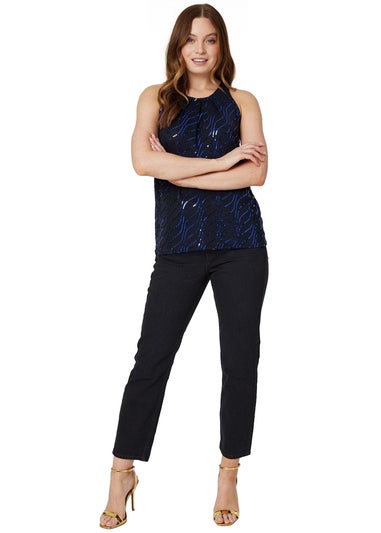 Izabel London Blue Embellished Metallic Vest Top