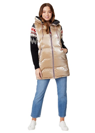 Izabel London Gold Zip Pocket Hooded Puffer Vest