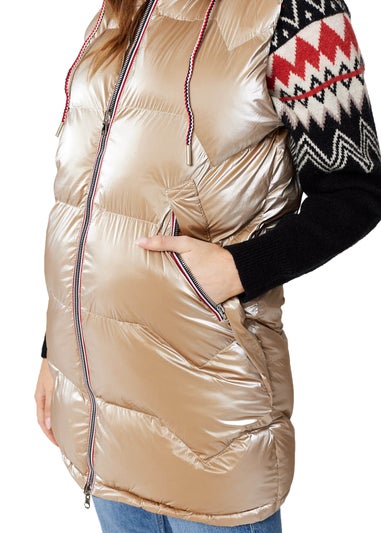 Izabel London Gold Zip Pocket Hooded Puffer Vest