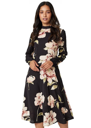 Izabel London Black Floral Long Sleeved Midi Tea Dress