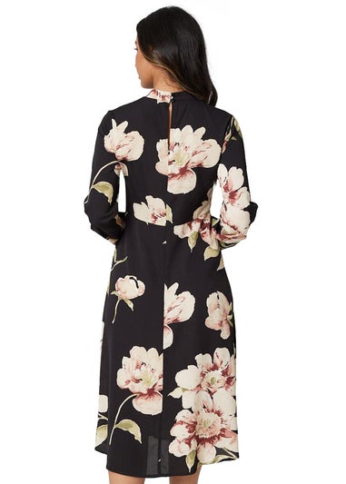 Izabel London Black Floral Long Sleeved Midi Tea Dress