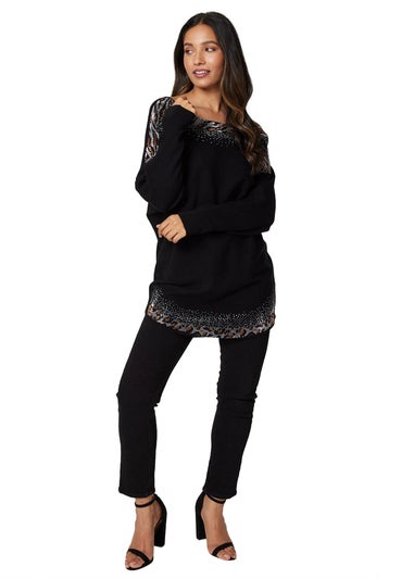 Izabel London Black Animal Print Embellished Knit Top