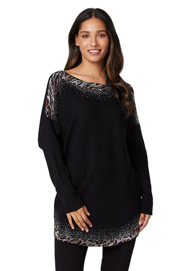 Izabel London Black Animal Print Embellished Knit Top