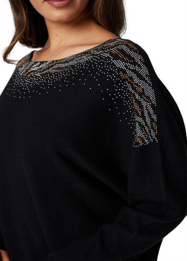 Izabel London Black Animal Print Embellished Knit Top