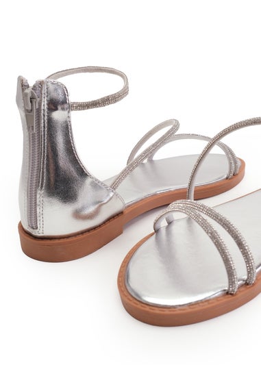 Where's That From Silver Metallic Palmira Diamante Flatform Strappy Sandals