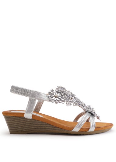 Where's That From Silver Glitter Cevedo Low Wedge Heeled Sandals