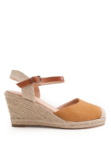 Where's That From Camel Suede Blakely Low Wedge Espadrille Sandals
