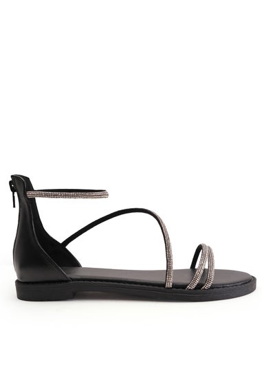 Where's That From Black Pu Palmira Diamante Flatform Strappy Sandals