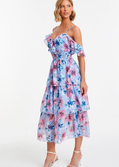 Quiz Blue Floral Chiffon Tiered Midi Dress