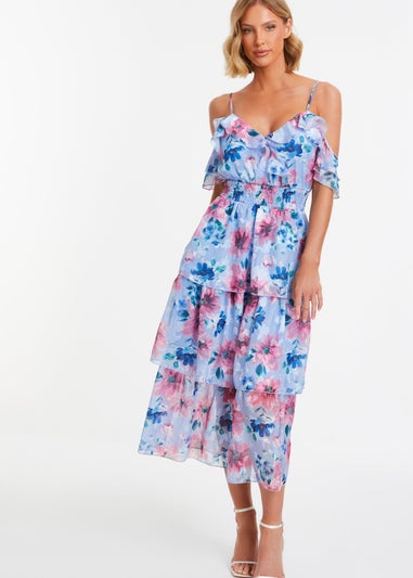 Quiz Blue Floral Chiffon Tiered Midi Dress