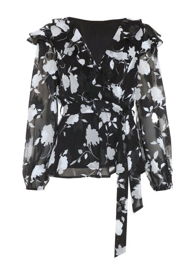 Quiz Black Floral Frill Peplum Top