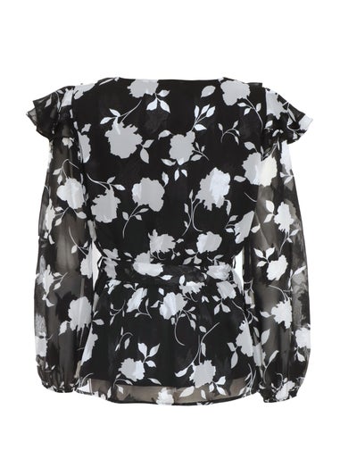 Quiz Black Floral Frill Peplum Top