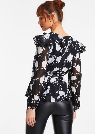 Quiz Black Floral Frill Peplum Top