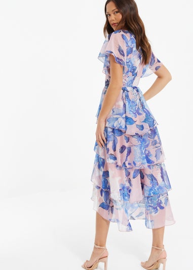 Quiz Blue Chiffon Floral Dip Hem Tiered Midi Dress