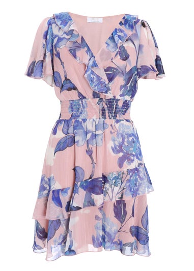 Quiz Pink Chiffon Floral Tiered Skater Mini Dress