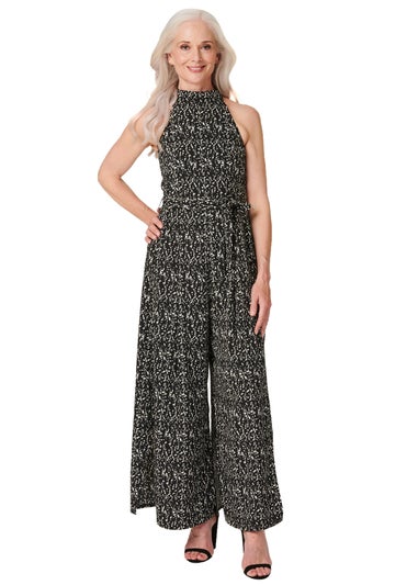 Izabel London Black Printed Tie Waist Jumpsuit