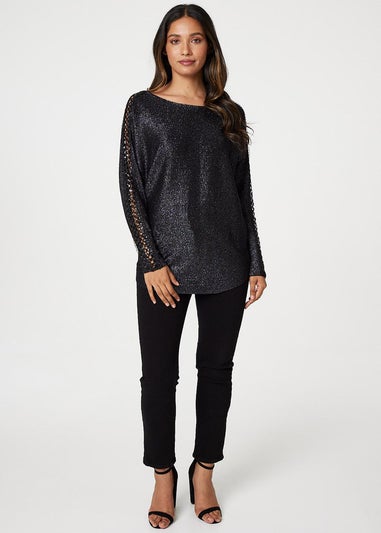 Izabel London Black Metallic Lace Sleeve Knit Pullover