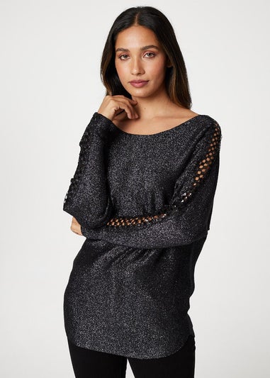 Izabel London Black Metallic Lace Sleeve Knit Pullover