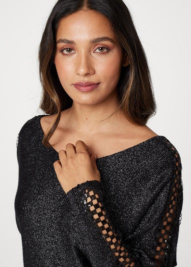 Izabel London Black Metallic Lace Sleeve Knit Pullover - Matalan