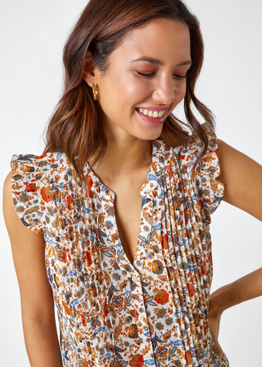 Roman Orange Floral Print Pintuck Detail Chiffon Top