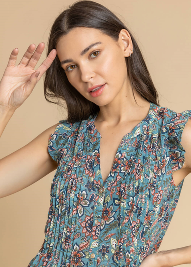 Roman Teal Sleeveless Frill Detail Floral Blouse