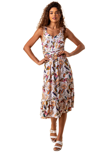 Roman Orange Leaf Print Midi Length Sun Dress