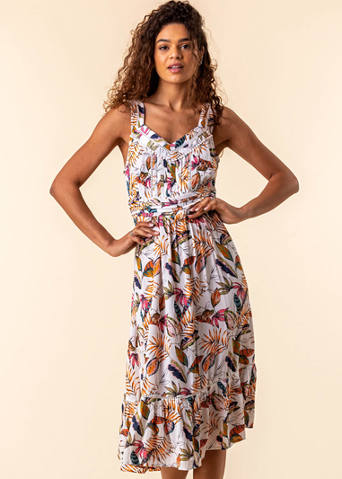 Roman Orange Leaf Print Midi Length Sun Dress