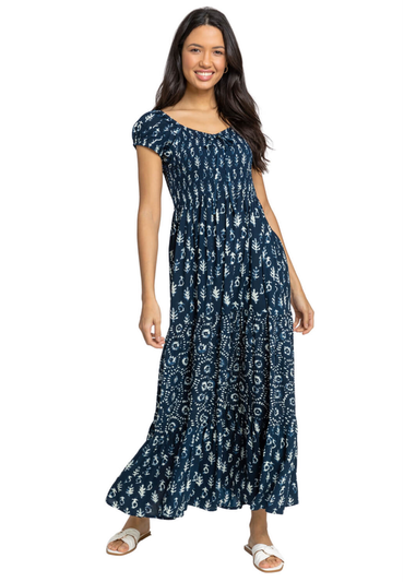 Roman Navy Aztec Tie Detail Tiered Maxi Dress