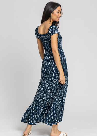 Roman Navy Aztec Tie Detail Tiered Maxi Dress