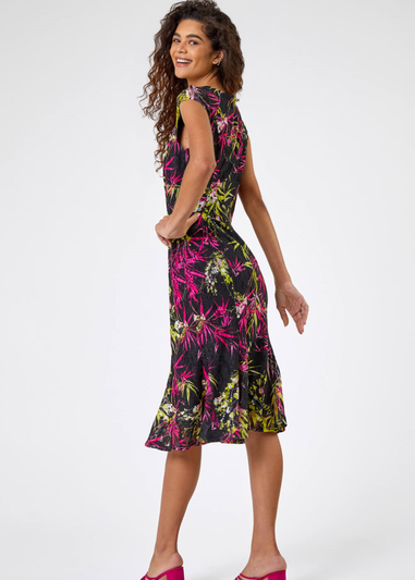 Roman Black Tropical Print Fluted Lace Dress