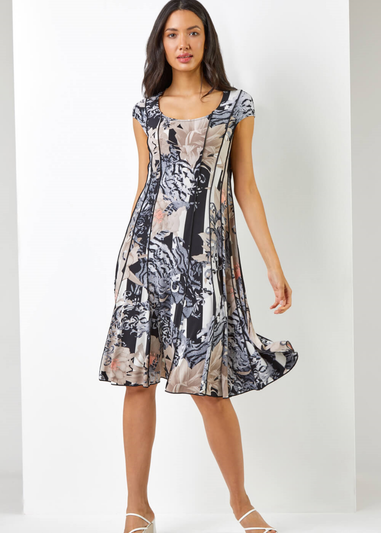 Roman Black  Abstract Floral Print Panel Dress