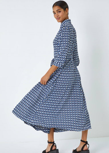 Roman Blue Geometric Print Tie Waist Midi Shirt Dress