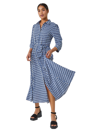Roman Blue Geometric Print Tie Waist Midi Shirt Dress