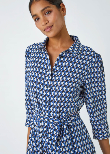 Roman Blue Geometric Print Tie Waist Midi Shirt Dress