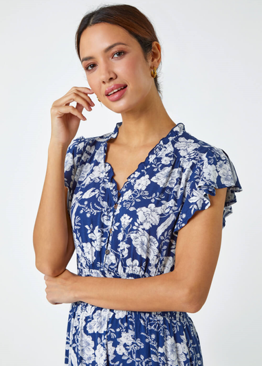 Roman Navy Floral Print Frill Detail Midi Dress