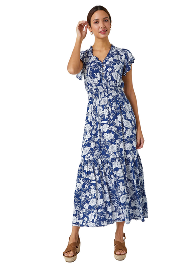 Roman Navy Floral Print Frill Detail Midi Dress