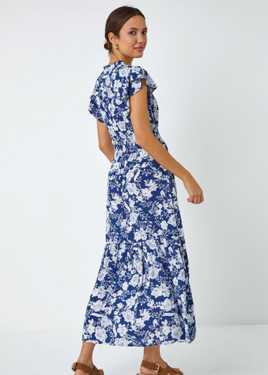 Roman Navy Floral Print Frill Detail Midi Dress