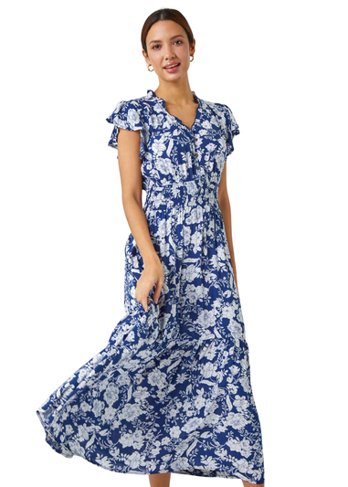 Roman Navy Floral Print Frill Detail Midi Dress