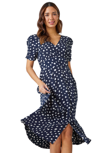 Roman Navy Polka Dot Ruched Sleeve Midi Dress