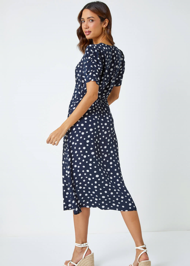 Roman Navy Polka Dot Ruched Sleeve Midi Dress