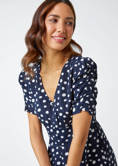 Roman Navy Polka Dot Ruched Sleeve Midi Dress