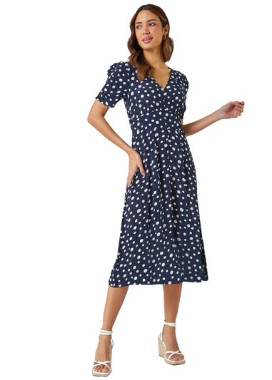 Roman Navy Polka Dot Ruched Sleeve Midi Dress