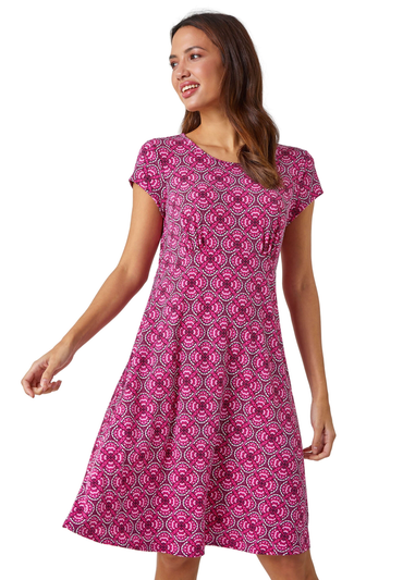 Roman Pink Geo Print Textured Stretch Dress