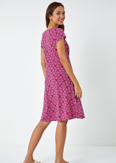 Roman Pink Geo Print Textured Stretch Dress