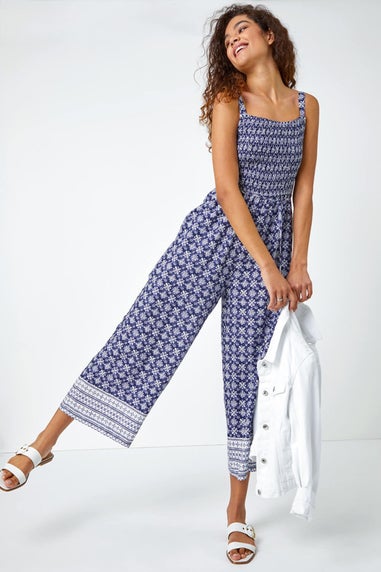 Roman Blue Border Print Culotte Jumpsuit