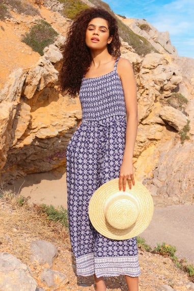 Roman Blue Border Print Culotte Jumpsuit